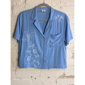 Cotton On Blue Floral Embroidered Button Up Shirt XS Boxy Cropped Top Fairy
